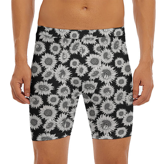Black And White Sunflower Pattern Print Men's Long Boxer Briefs