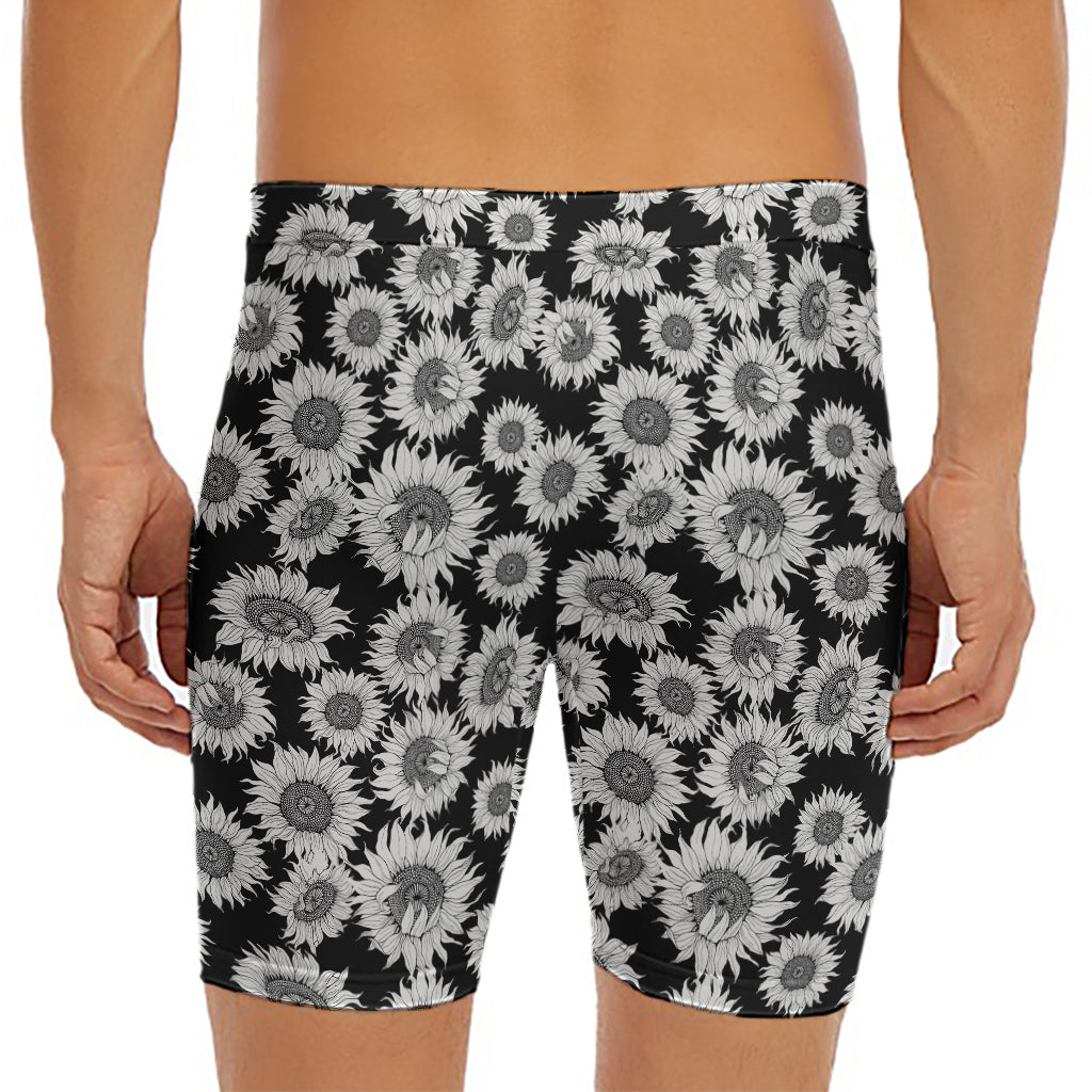 Black And White Sunflower Pattern Print Men's Long Boxer Briefs