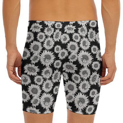 Black And White Sunflower Pattern Print Men's Long Boxer Briefs