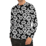 Black And White Sunflower Pattern Print Men's Long Sleeve Rash Guard