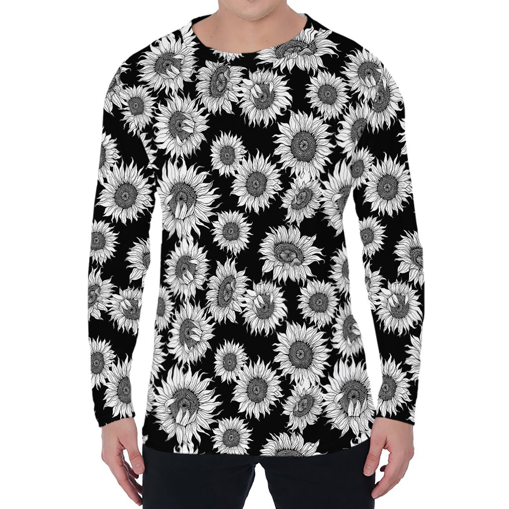 Black And White Sunflower Pattern Print Men's Long Sleeve T-Shirt