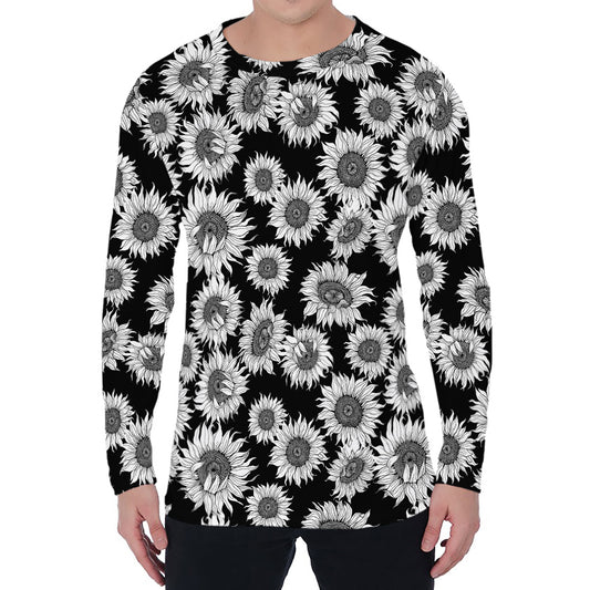 Black And White Sunflower Pattern Print Men's Long Sleeve T-Shirt