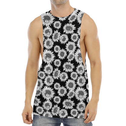 Black And White Sunflower Pattern Print Men's Muscle Tank Top