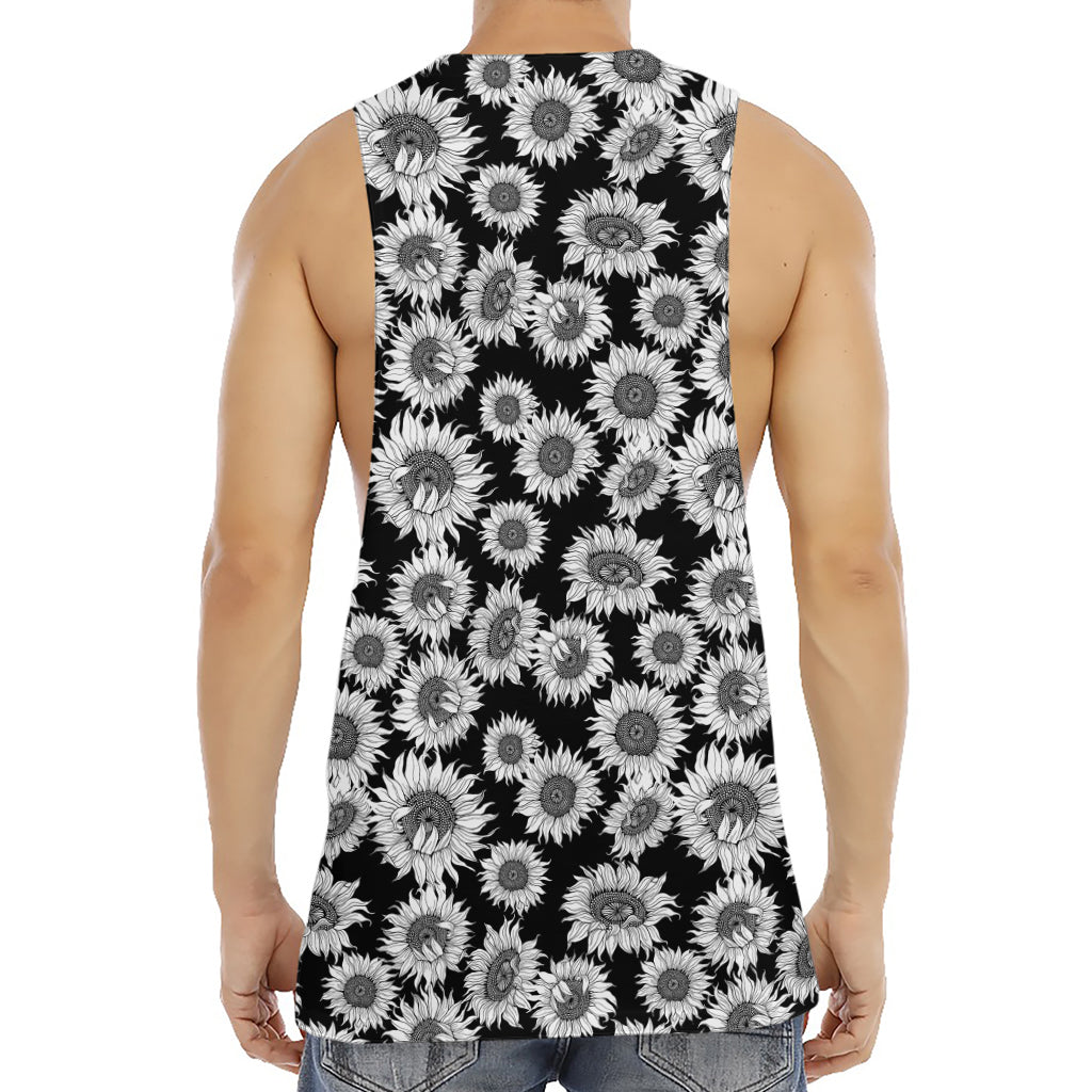 Black And White Sunflower Pattern Print Men's Muscle Tank Top