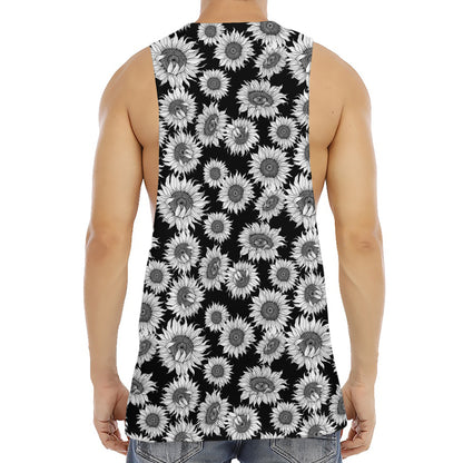 Black And White Sunflower Pattern Print Men's Muscle Tank Top