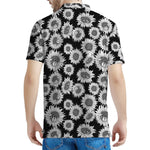 Black And White Sunflower Pattern Print Men's Polo Shirt