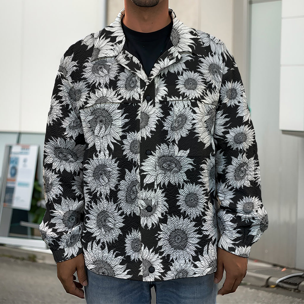 Black And White Sunflower Pattern Print Men's Shirt Jacket