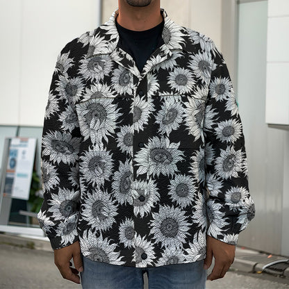 Black And White Sunflower Pattern Print Men's Shirt Jacket