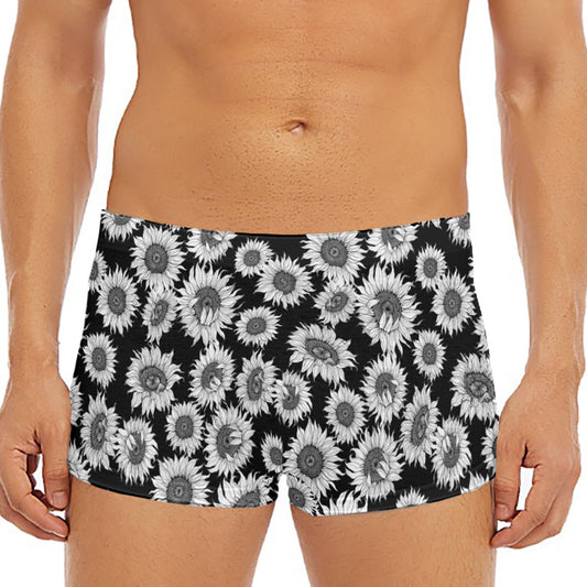 Black And White Sunflower Pattern Print Men's Short Boxer Briefs