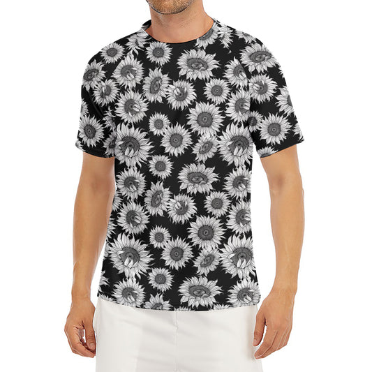 Black And White Sunflower Pattern Print Men's Short Sleeve Rash Guard