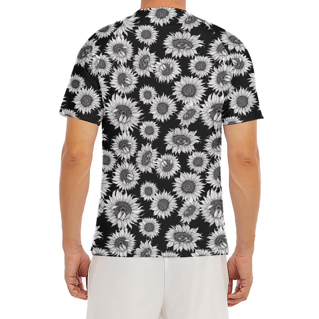 Black And White Sunflower Pattern Print Men's Short Sleeve Rash Guard