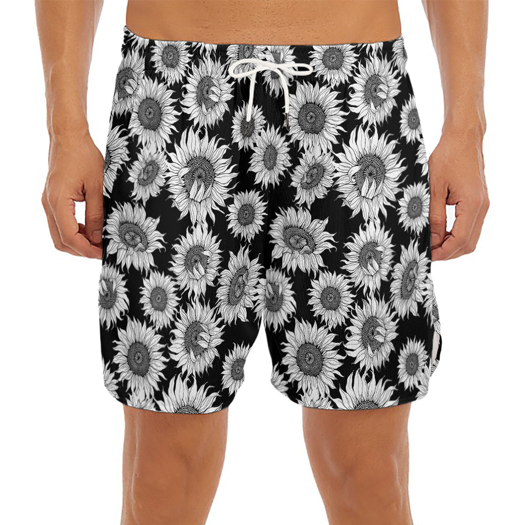 Black And White Sunflower Pattern Print Men's Split Running Shorts