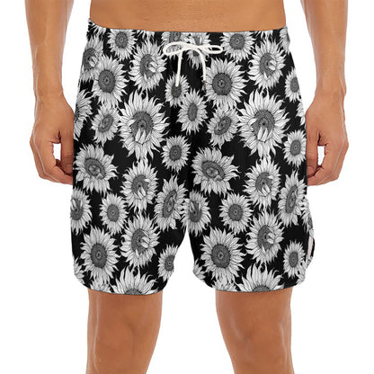 Black And White Sunflower Pattern Print Men's Split Running Shorts
