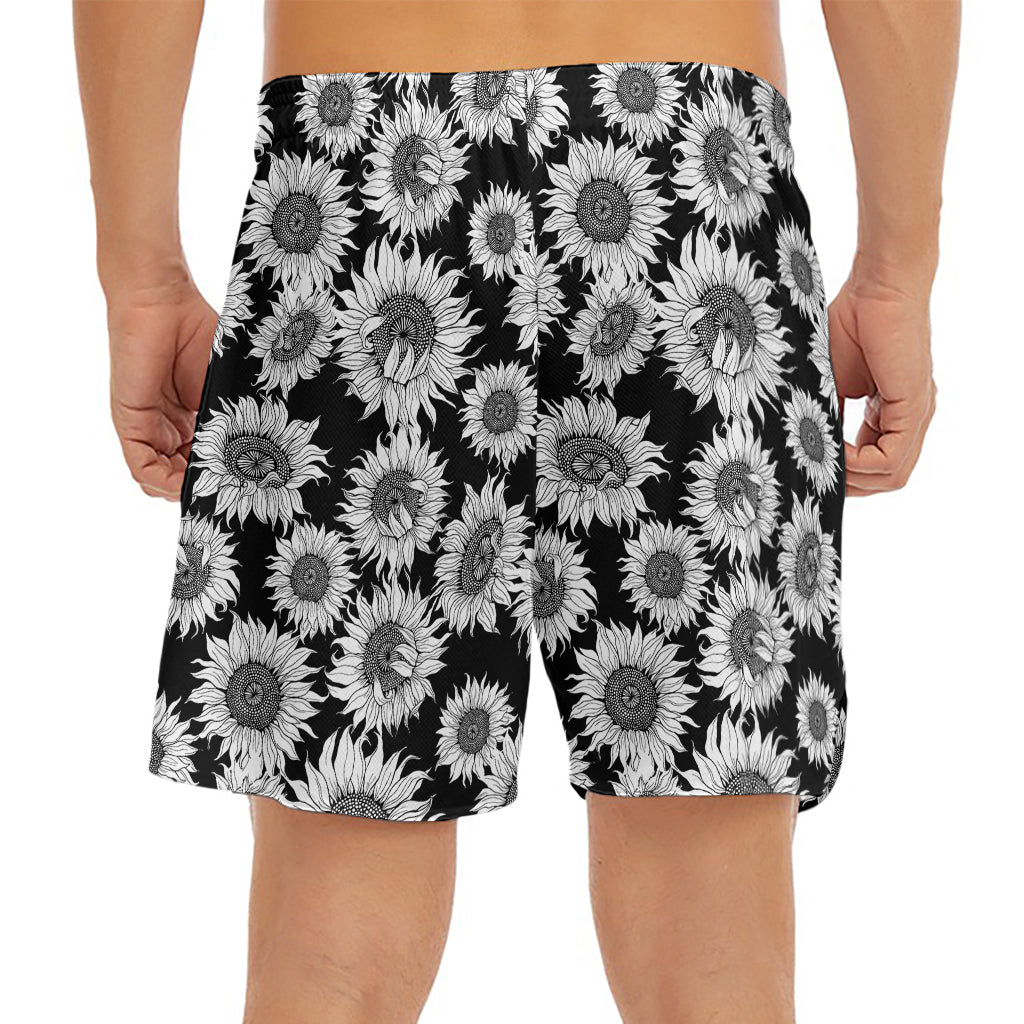 Black And White Sunflower Pattern Print Men's Split Running Shorts