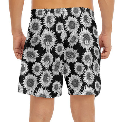 Black And White Sunflower Pattern Print Men's Split Running Shorts