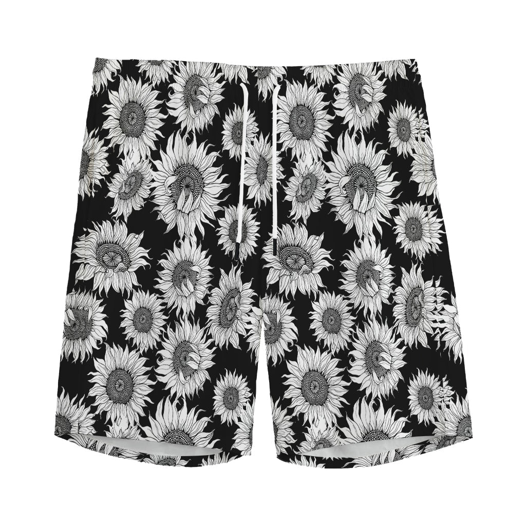 Black And White Sunflower Pattern Print Men's Sports Shorts