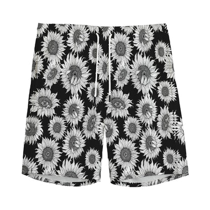 Black And White Sunflower Pattern Print Men's Sports Shorts