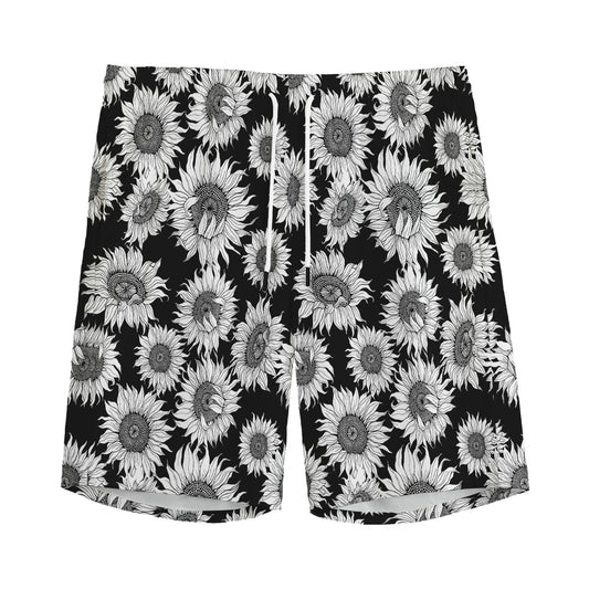 Black And White Sunflower Pattern Print Men's Sports Shorts