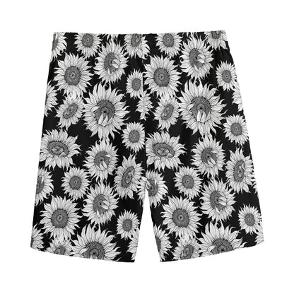 Black And White Sunflower Pattern Print Men's Sports Shorts
