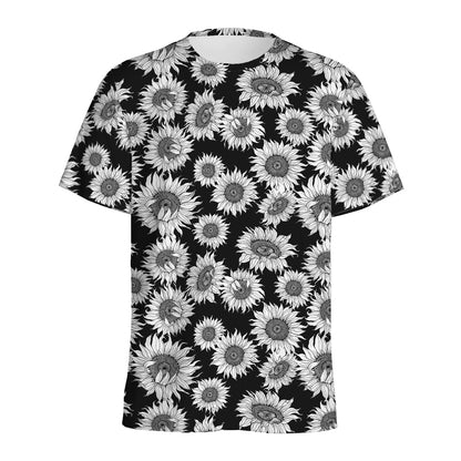 Black And White Sunflower Pattern Print Men's Sports T-Shirt