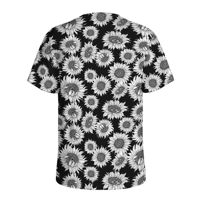 Black And White Sunflower Pattern Print Men's Sports T-Shirt