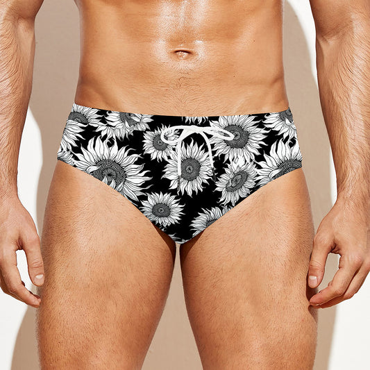 Black And White Sunflower Pattern Print Men's Swim Briefs