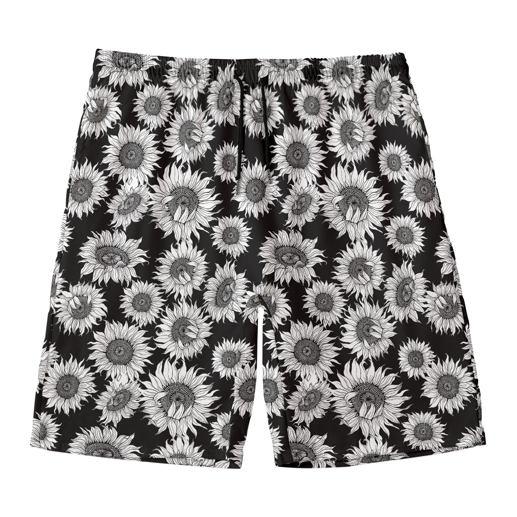 Black And White Sunflower Pattern Print Men's Swim Trunks
