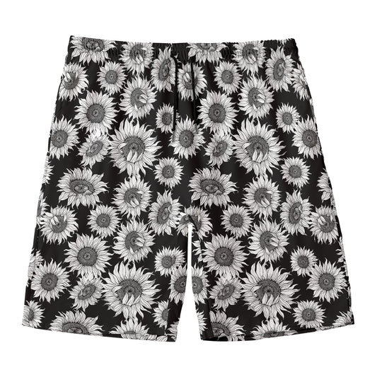 Black And White Sunflower Pattern Print Men's Swim Trunks
