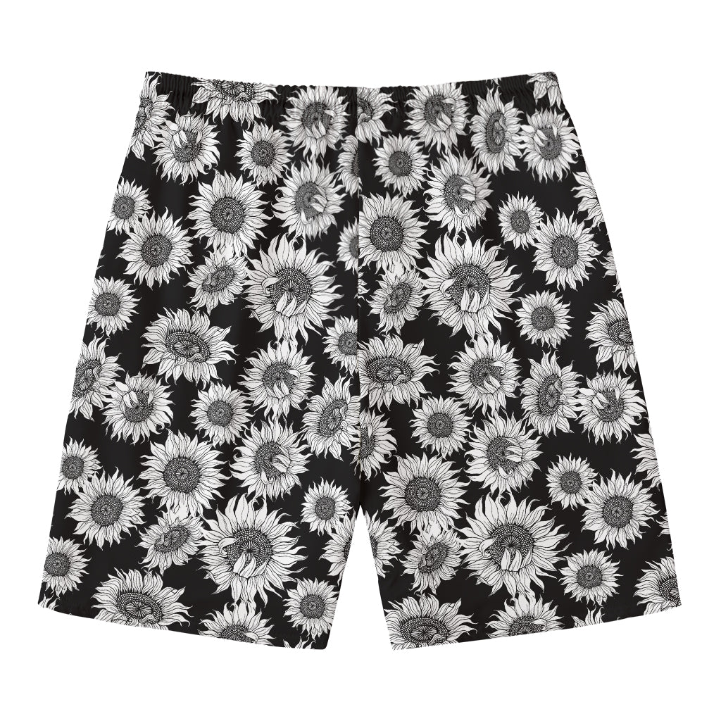 Black And White Sunflower Pattern Print Men's Swim Trunks