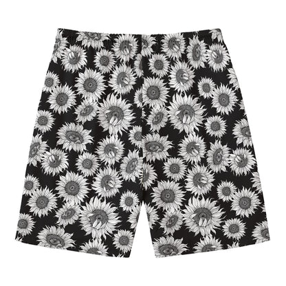 Black And White Sunflower Pattern Print Men's Swim Trunks