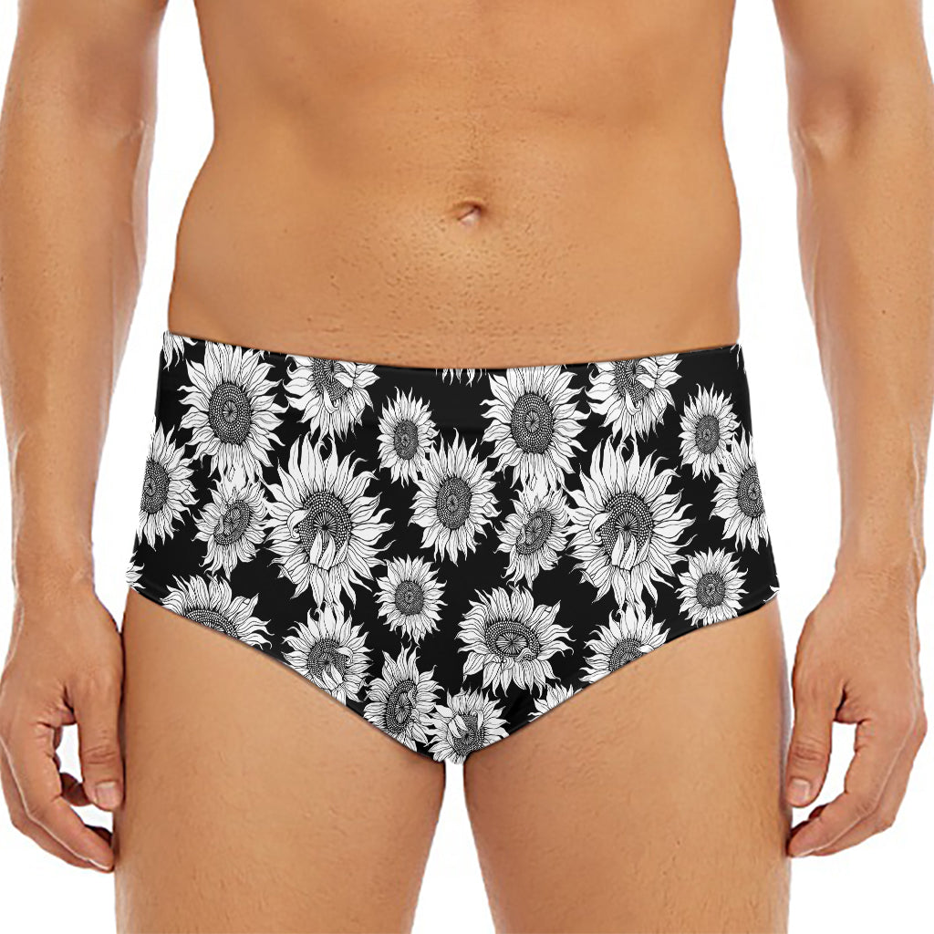 Black And White Sunflower Pattern Print Men's Triangle Swim Briefs