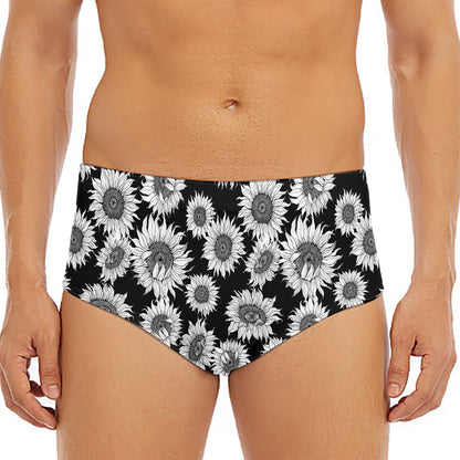 Black And White Sunflower Pattern Print Men's Triangle Swim Briefs