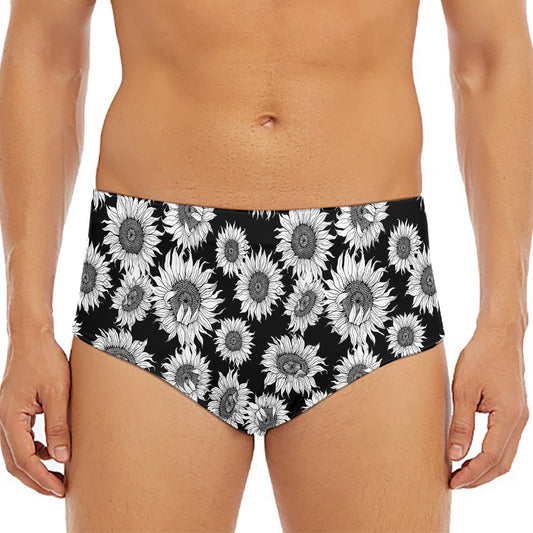 Black And White Sunflower Pattern Print Men's Triangle Swim Briefs