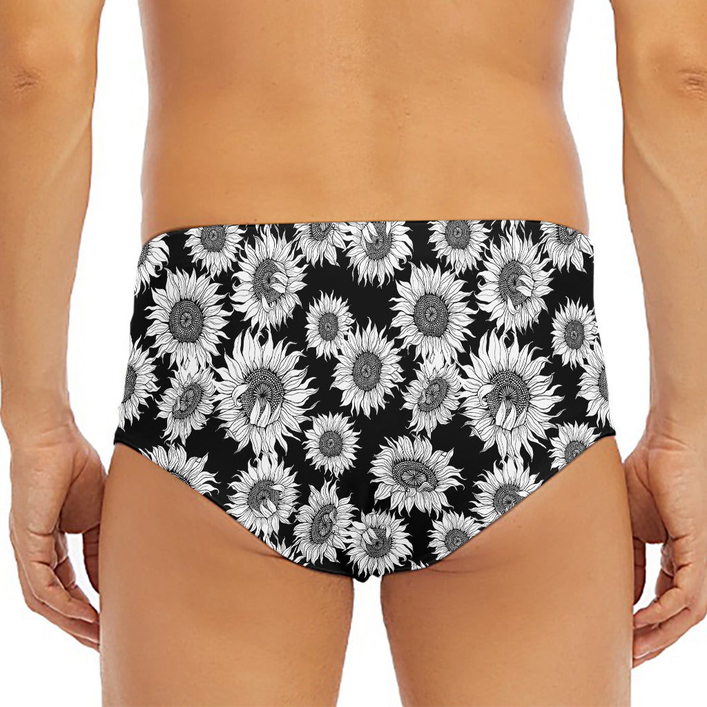 Black And White Sunflower Pattern Print Men's Triangle Swim Briefs