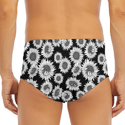 Black And White Sunflower Pattern Print Men's Triangle Swim Briefs