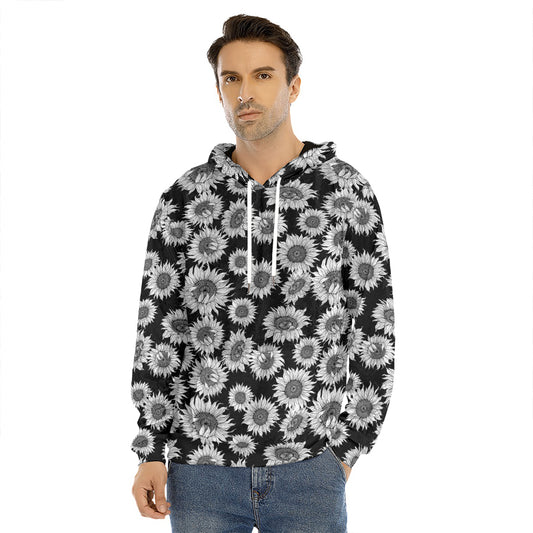 Black And White Sunflower Pattern Print Men's Velvet Pullover Hoodie