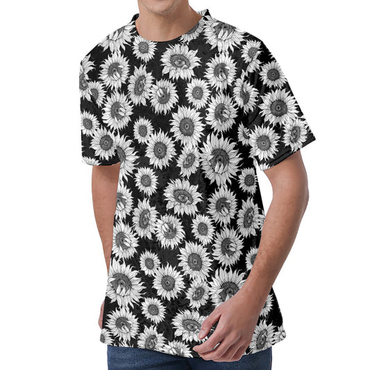 Black And White Sunflower Pattern Print Men's Velvet T-Shirt