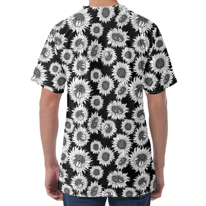 Black And White Sunflower Pattern Print Men's Velvet T-Shirt