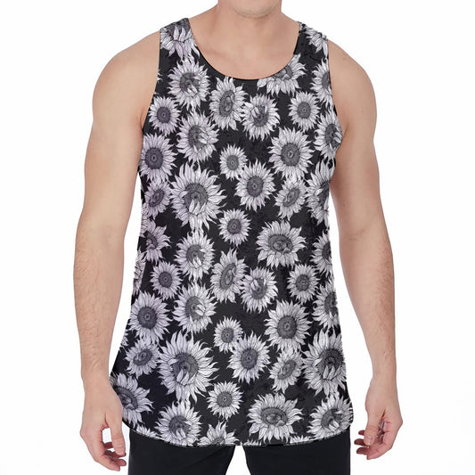 Black And White Sunflower Pattern Print Men's Velvet Tank Top