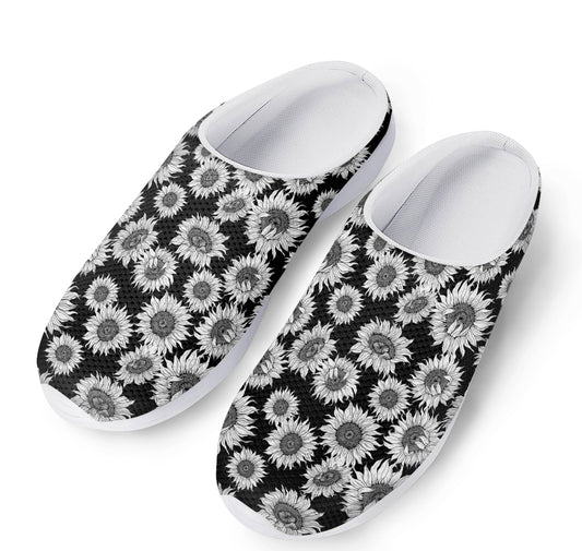 Black And White Sunflower Pattern Print Mesh Casual Shoes