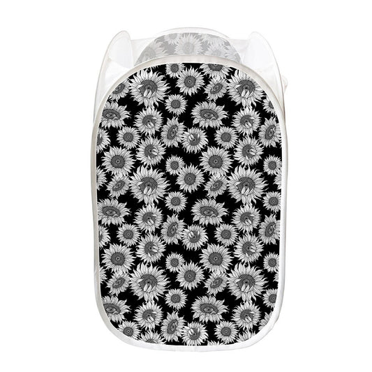 Black And White Sunflower Pattern Print Mesh Laundry Hamper
