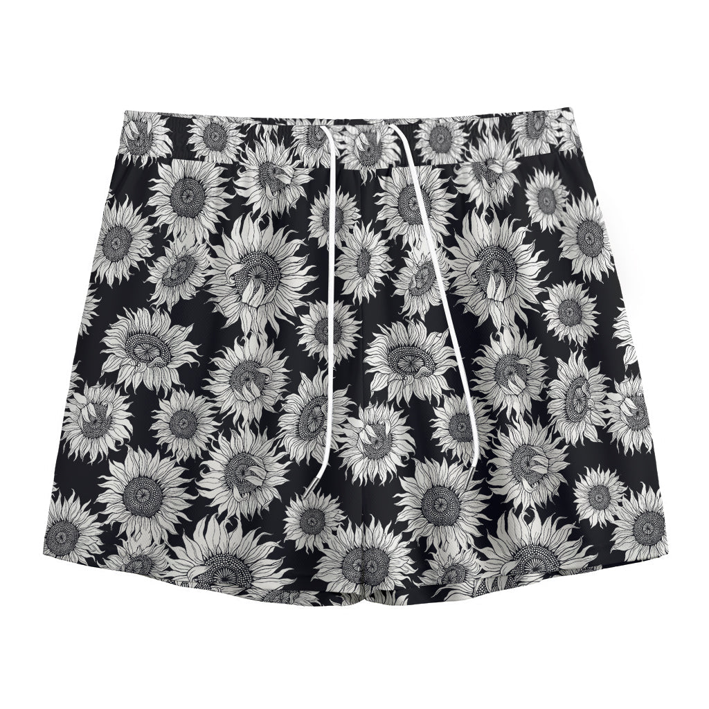 Black And White Sunflower Pattern Print Mesh Shorts