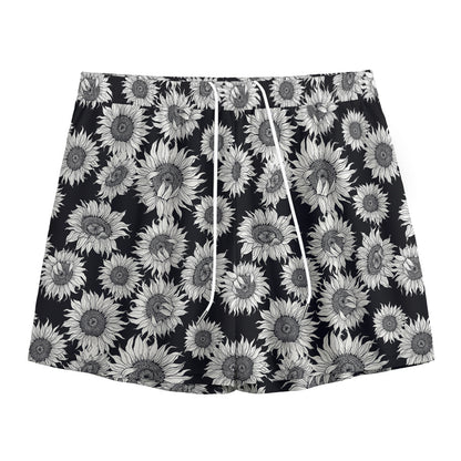 Black And White Sunflower Pattern Print Mesh Shorts