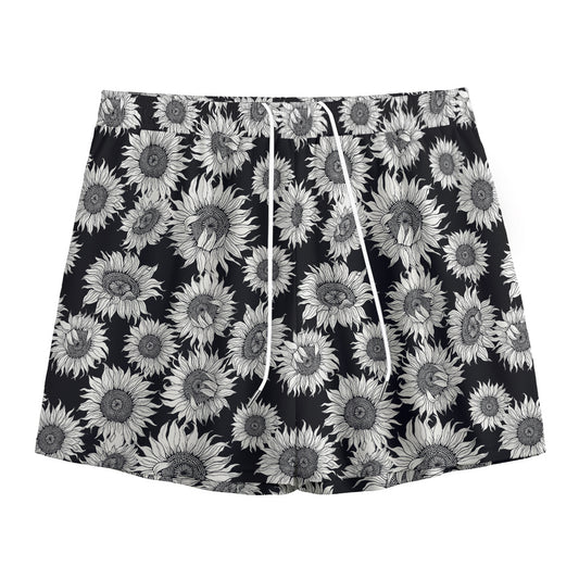 Black And White Sunflower Pattern Print Mesh Shorts