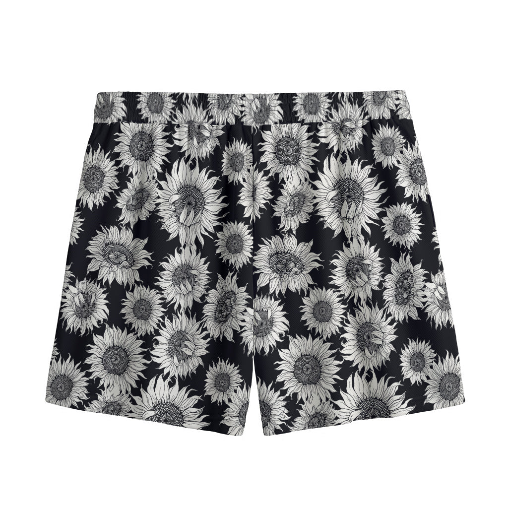 Black And White Sunflower Pattern Print Mesh Shorts