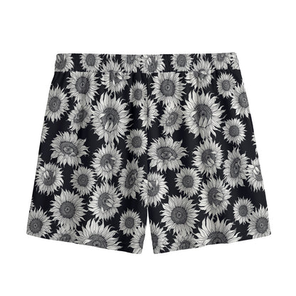 Black And White Sunflower Pattern Print Mesh Shorts