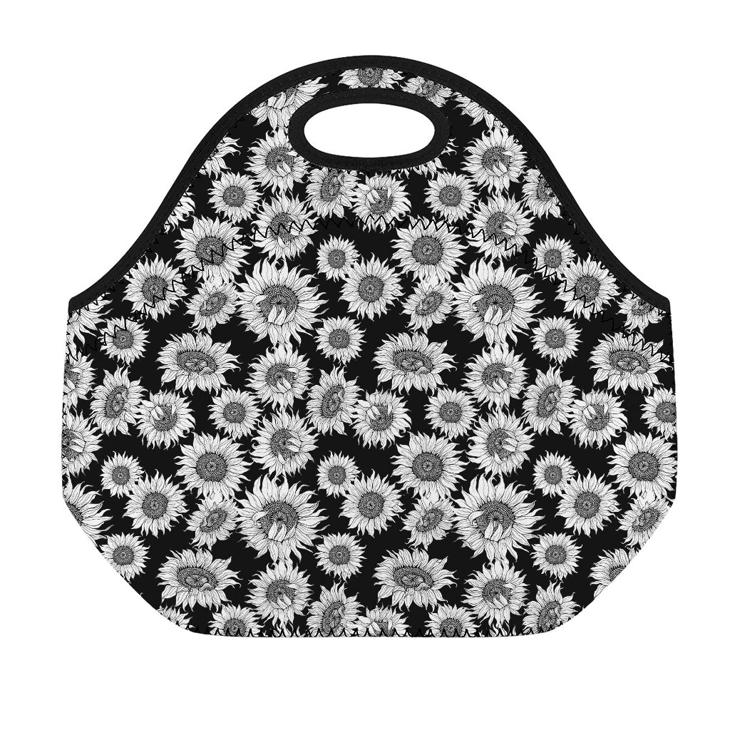 Black And White Sunflower Pattern Print Neoprene Lunch Bag