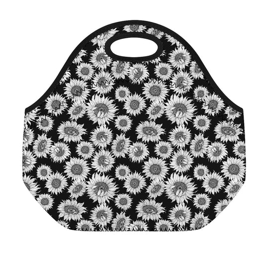 Black And White Sunflower Pattern Print Neoprene Lunch Bag