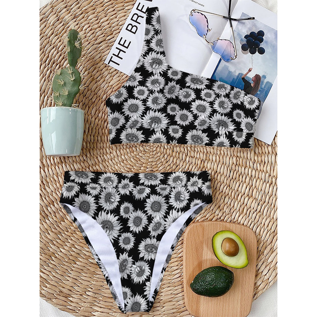 Black And White Sunflower Pattern Print One Shoulder Bikini Top