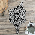 Black And White Sunflower Pattern Print One Shoulder Bodysuit